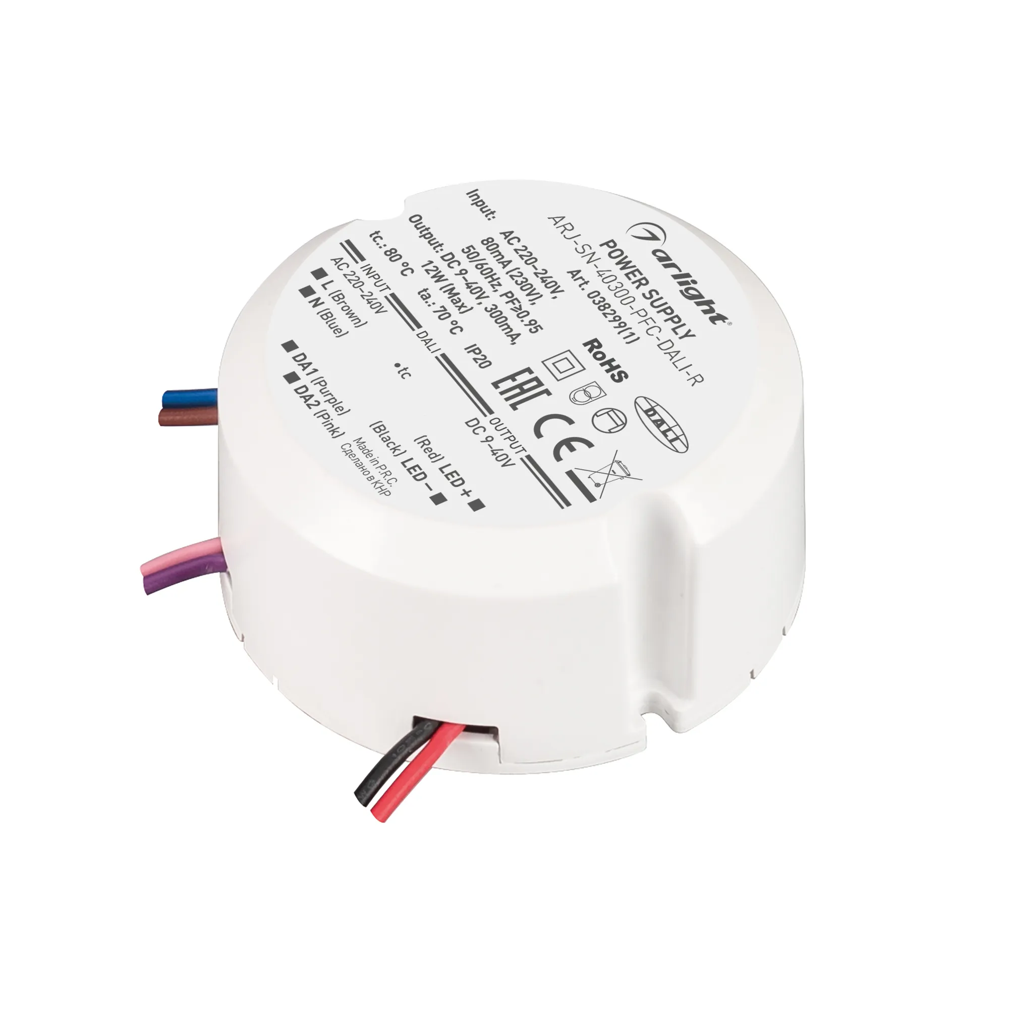 Блок питания ARJ-SN-40300-PFC-DALI-R (12W, 9-40V, 0.3A) (Arlight, IP20 Пластик, 3 года) - изображение товара